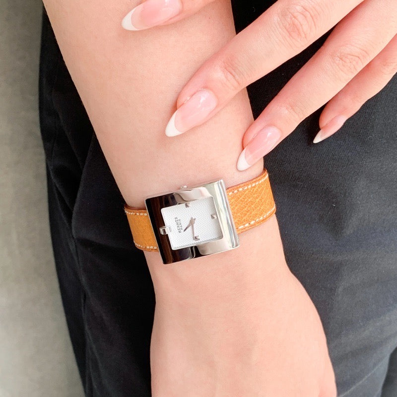 Square White Dial SS Leather