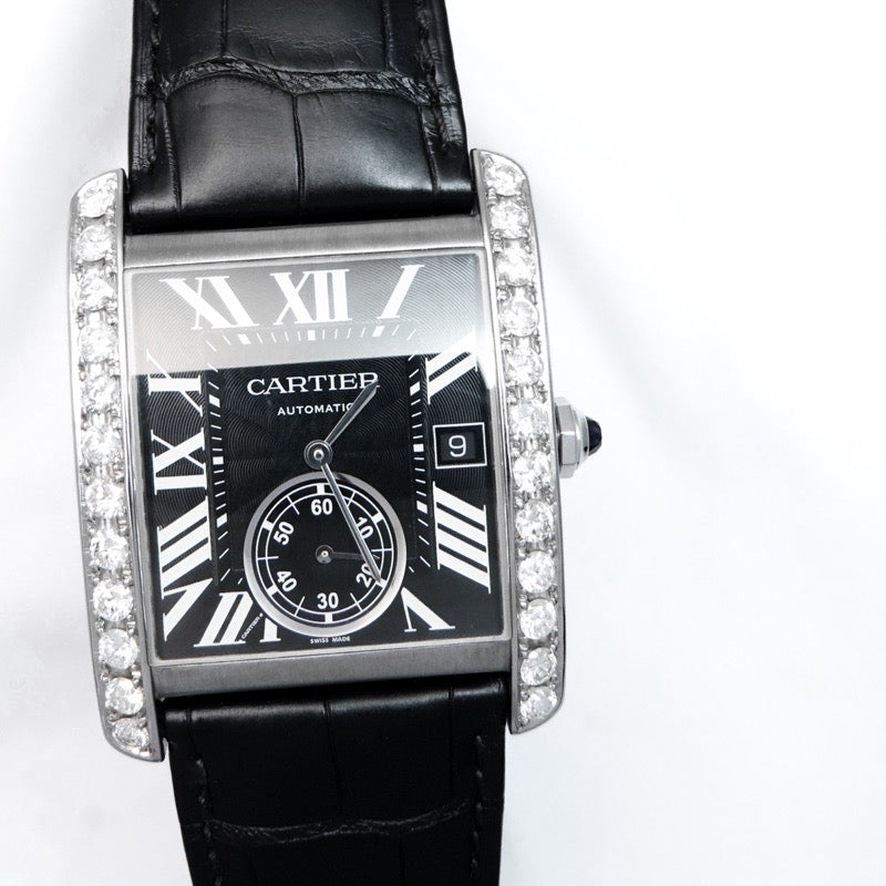 Tank MC Black Dial Stainless Steel Diamond Leather
