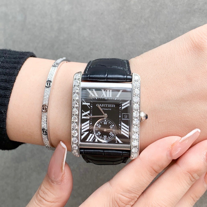 Tank MC Black Dial Stainless Steel Diamond Leather