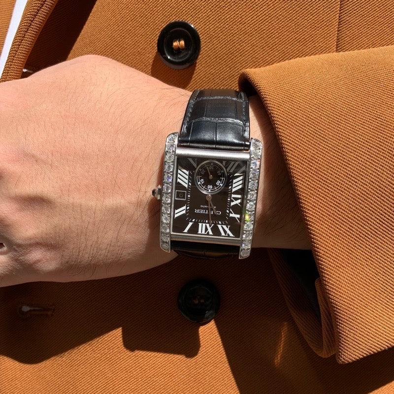 Tank MC Black Dial Stainless Steel Diamond Leather