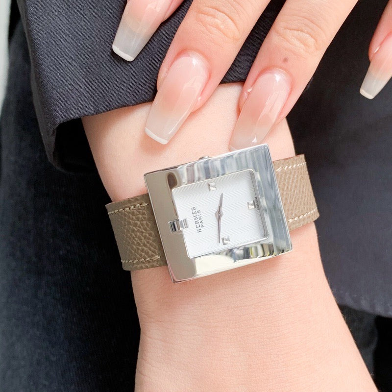 方形 白色 表盘 SS 皮革