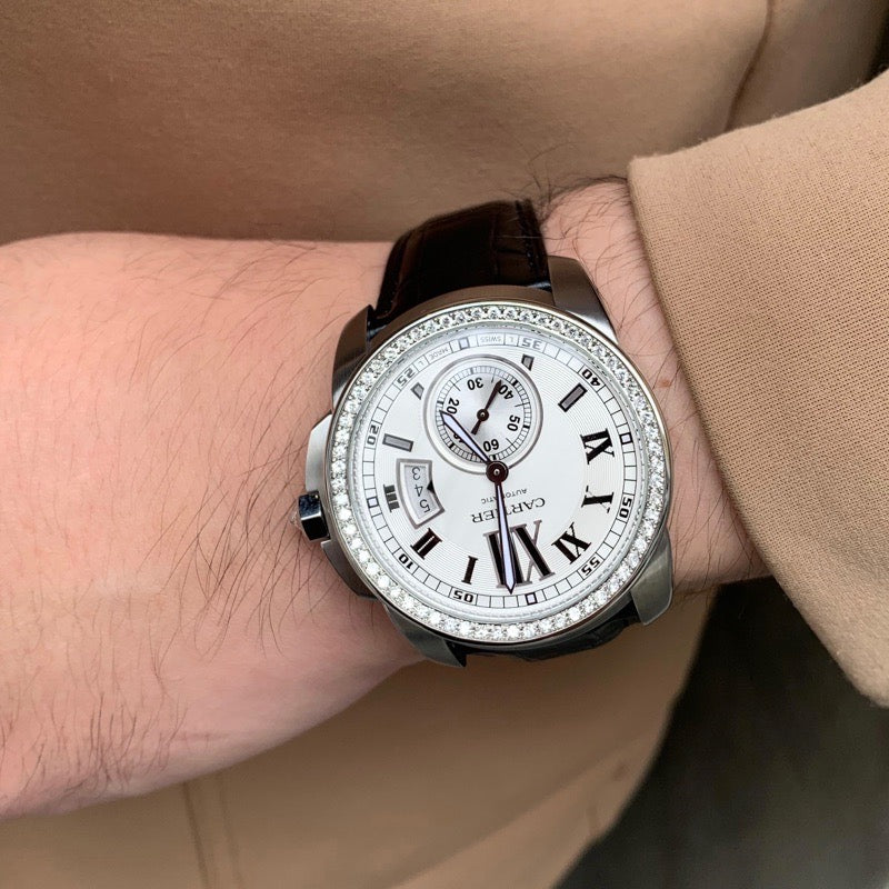 Calibre de Cartier White Dial Diamond Leather