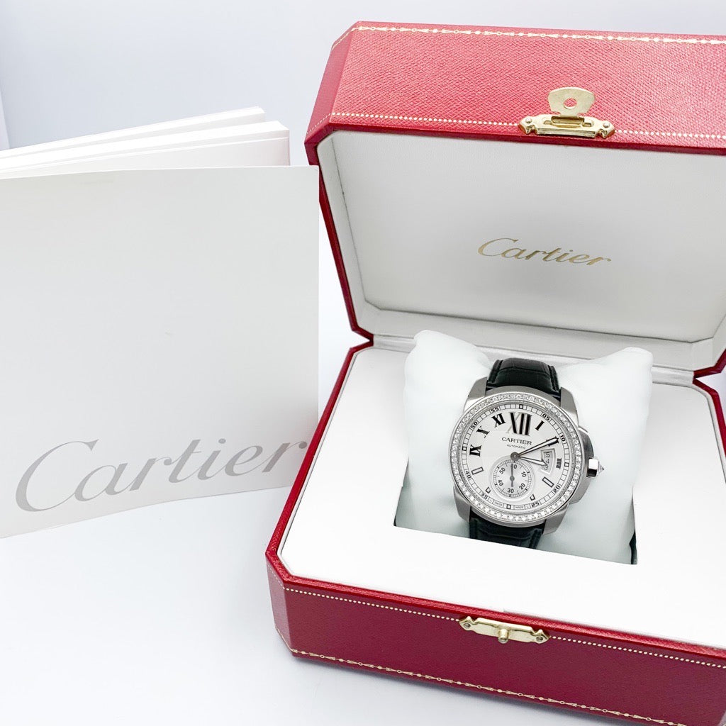 Calibre de Cartier White Dial Diamond Leather