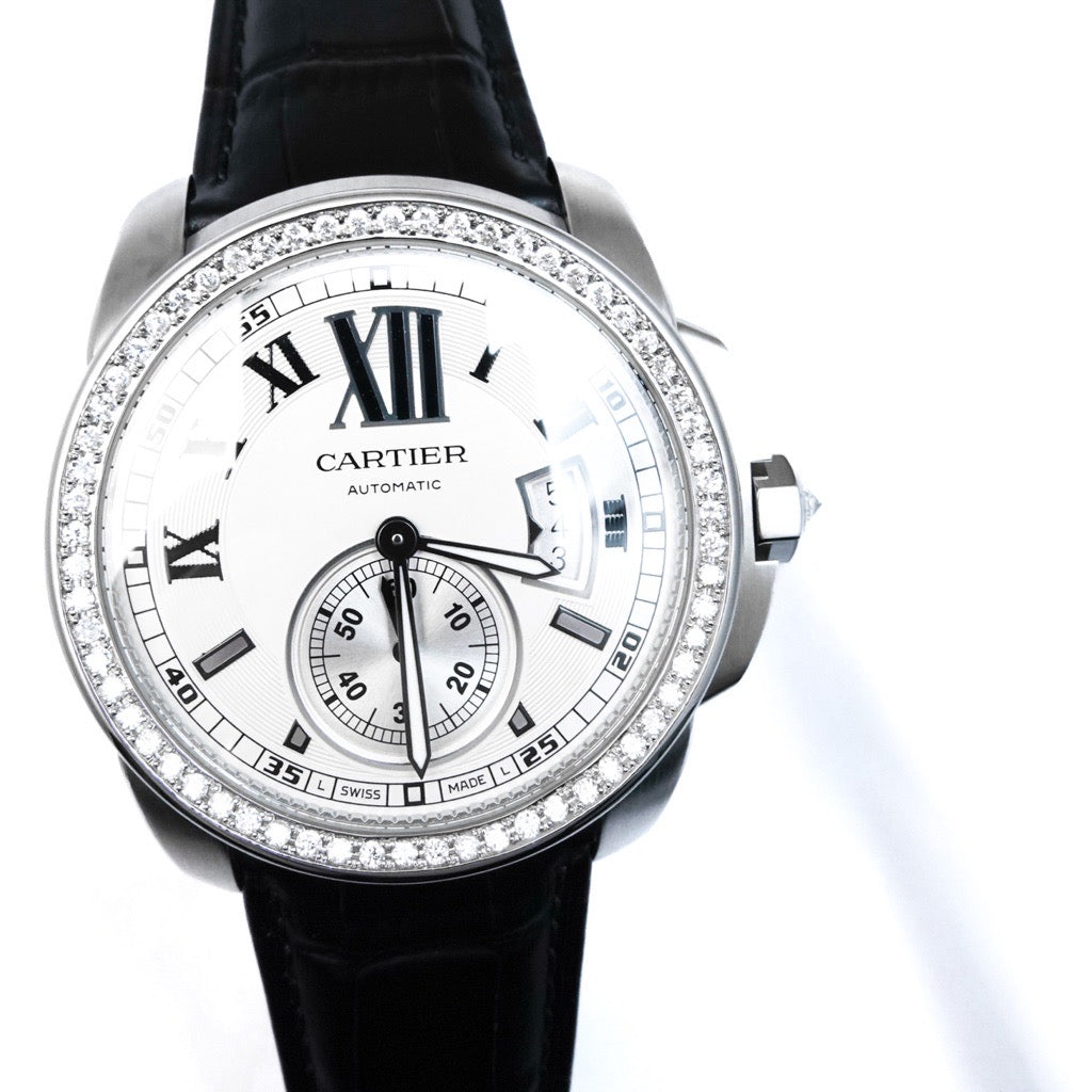 Calibre de Cartier White Dial Diamond Leather