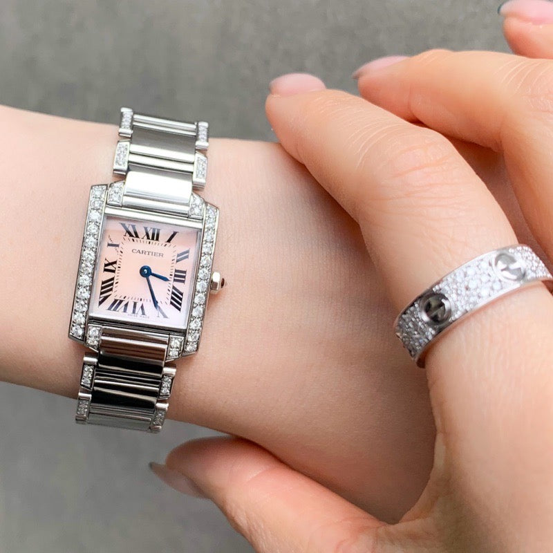 Tank Francaise SM Pink Shell Dial Stainless Steel Bezel &amp; Bracelet Side Diamond 