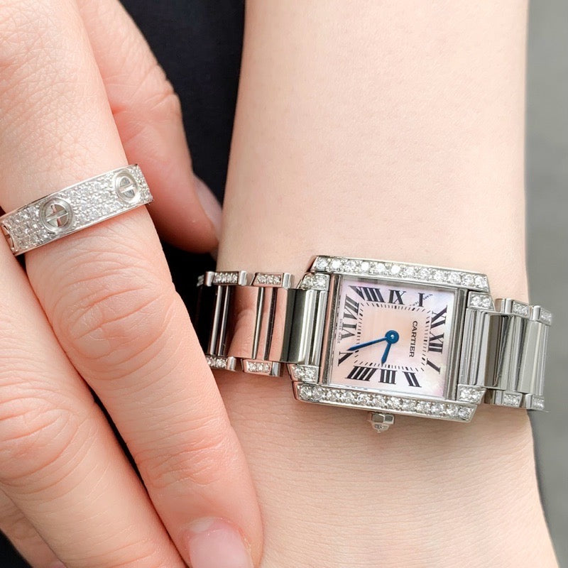 Tank Francaise SM Pink Shell Dial Stainless Steel Bezel &amp; Bracelet Side Diamond 