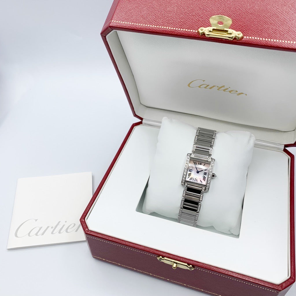 Tank Francaise SM Pink Shell Dial Stainless Steel Bezel &amp; Bracelet Side Diamond 