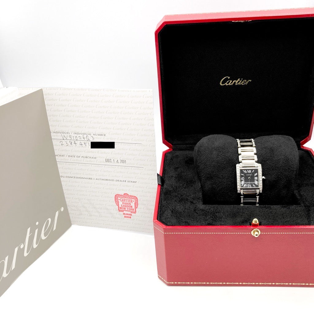 Tank Francaise SM Black Dial Stainless Steel Bezel &amp; Bracelet Side Diamond 