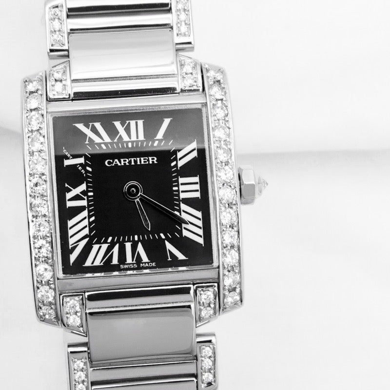 Tank Francaise SM Black Dial Stainless Steel Bezel &amp; Bracelet Side Diamond 