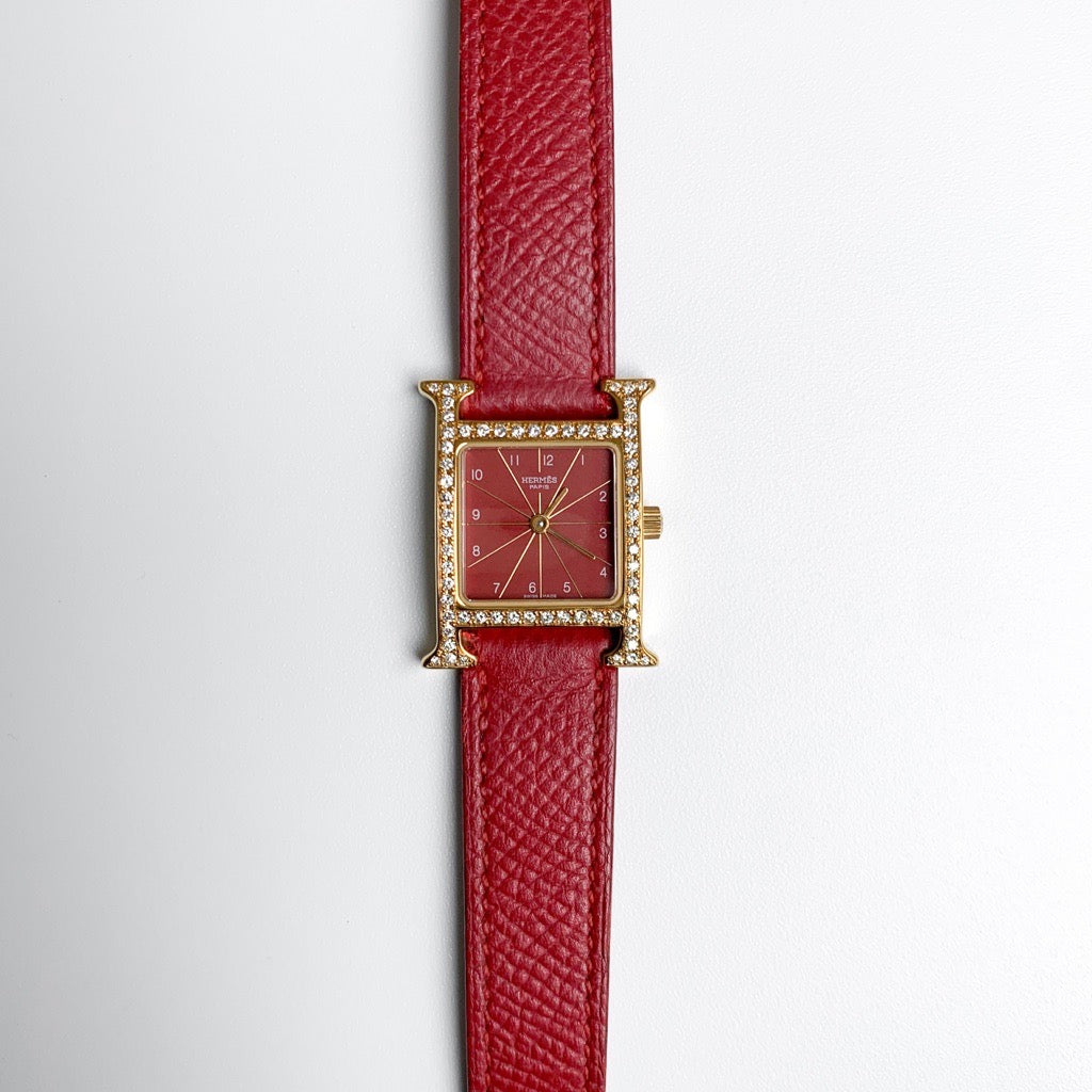 H Watch, red dial, gold, diamonds