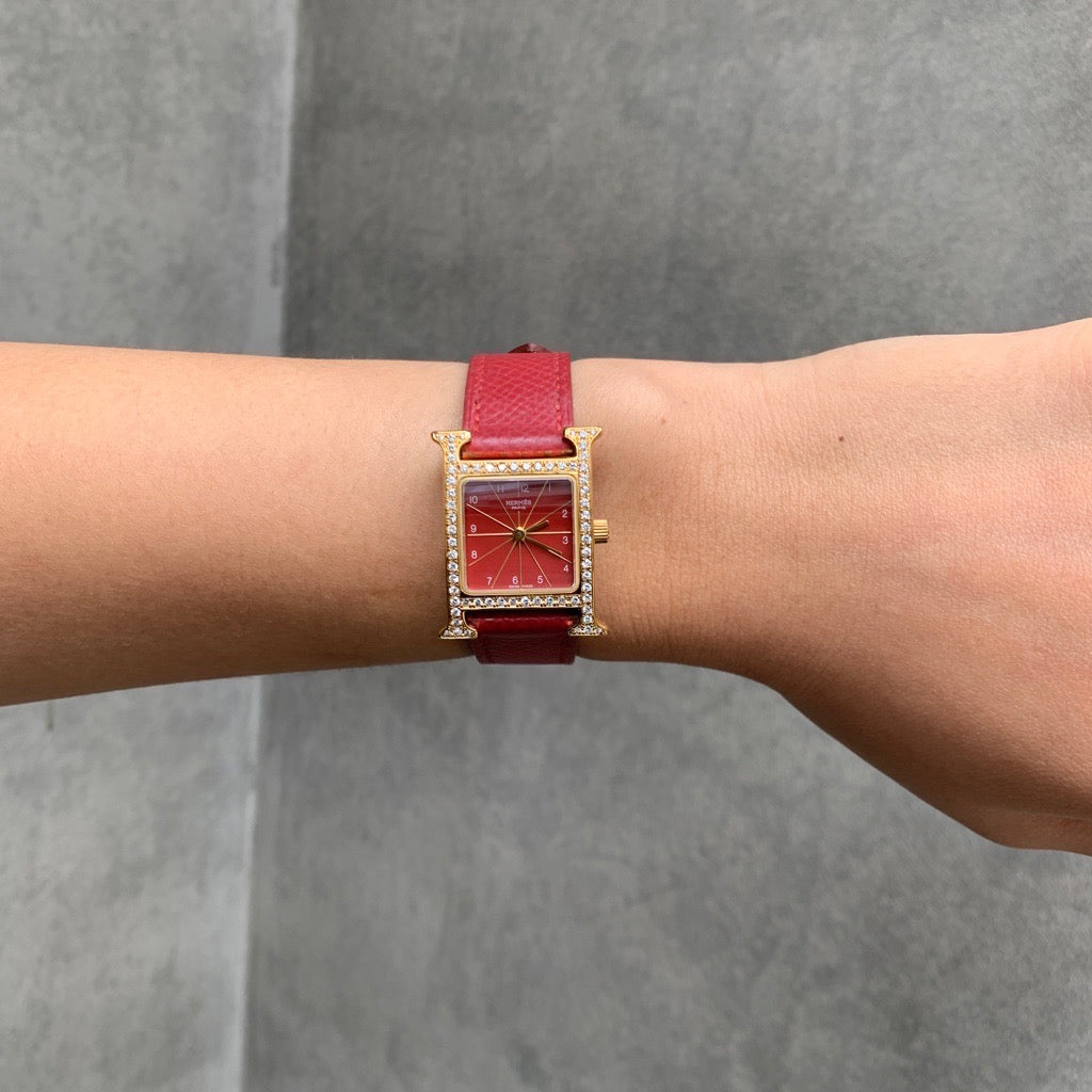 H Watch, red dial, gold, diamonds