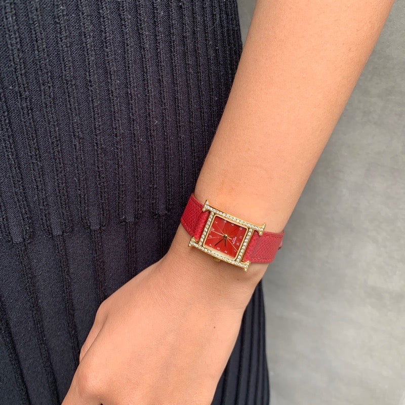 H Watch, red dial, gold, diamonds