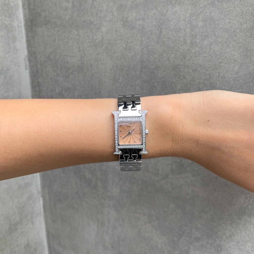 H Watch SS Orange Dial Silver Diamonds