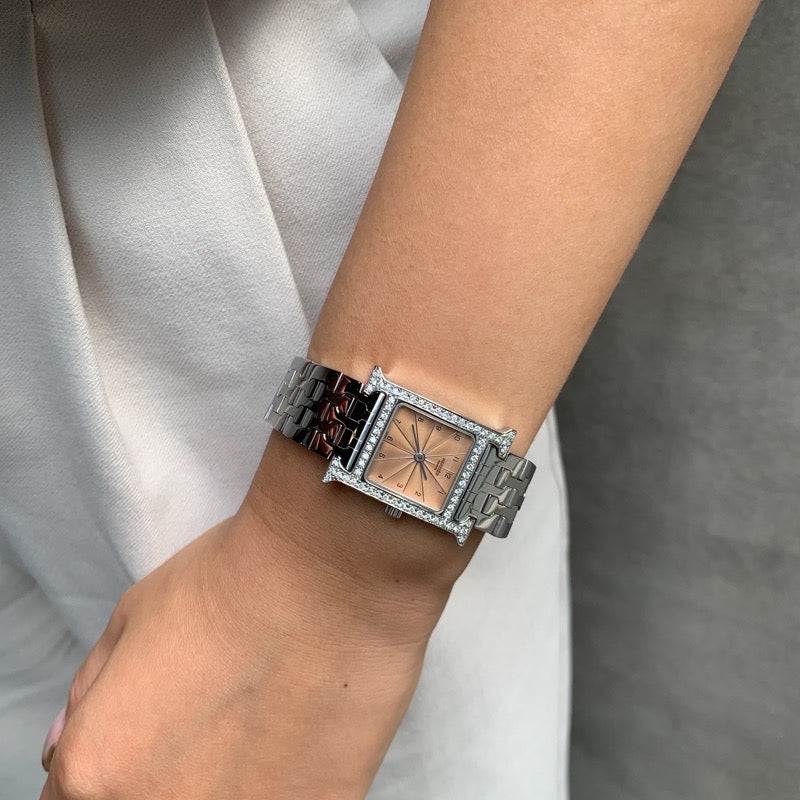 H Watch SS Orange Dial Silver Diamonds